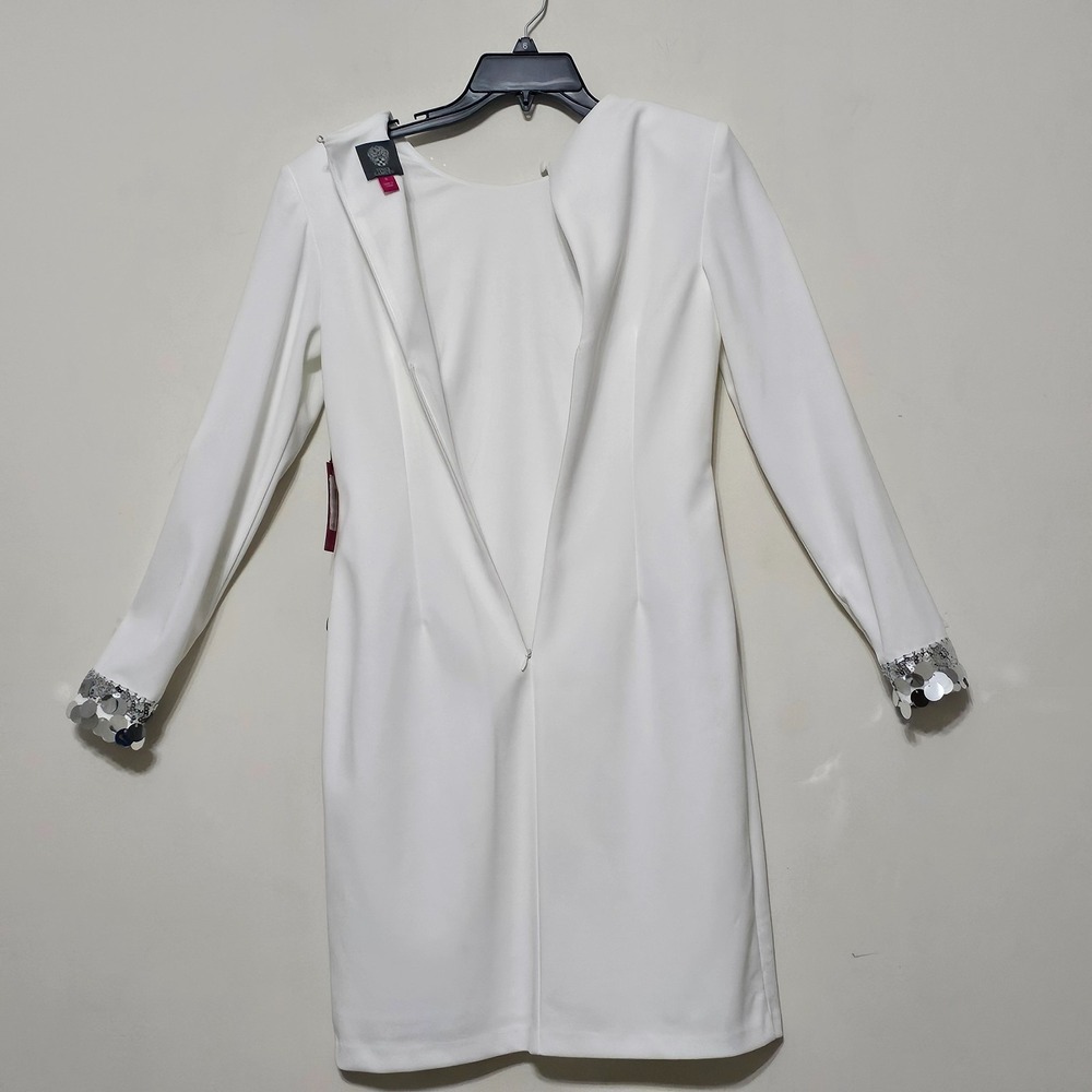 Vince Camuto Dress 6 Fits Small White Round‎ Neck Long Sleeves Sequin Slit  0756 - Picture 11 of 14